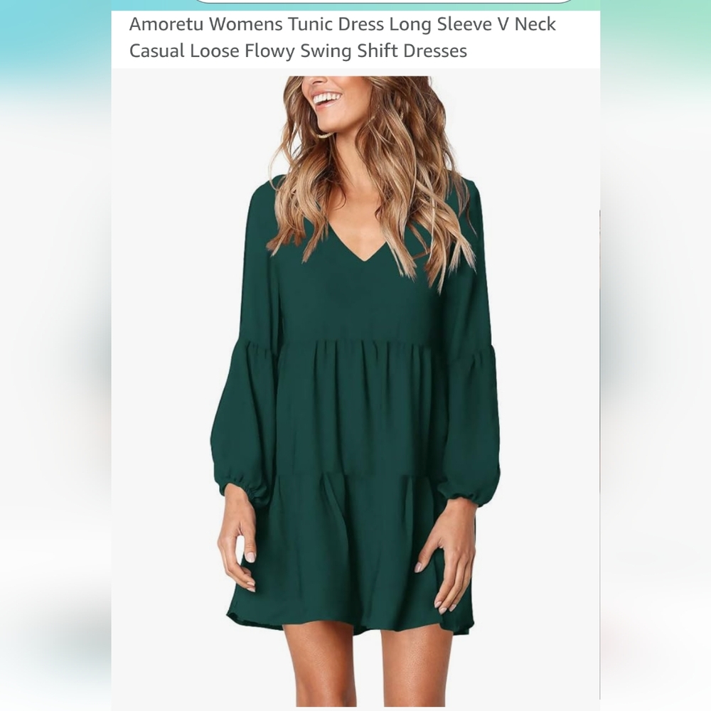 Amoretu Women's Green Tunic Dress - Long Sleeve V Neck Small